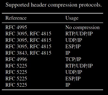 Supported header compression protocols in lTE